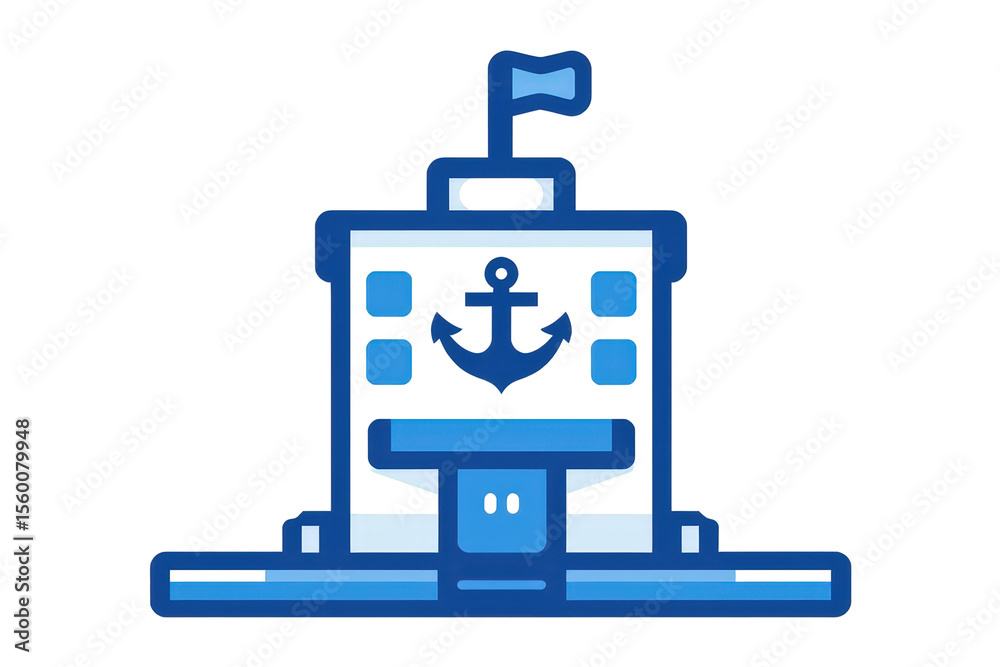 Fototapeta premium 2d icon of a 'port authority', with a simple building icon that has a ship's anchor symbol on it, minimalist design, solid blue and white colors, clean sharp lines, no shadows
