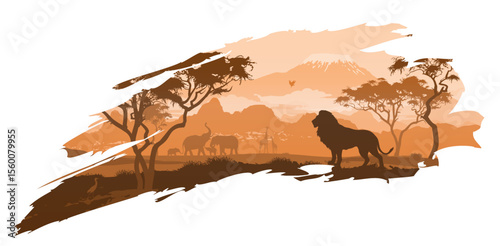 isolated fragment of african landscape with animals, plants. Vector illustration