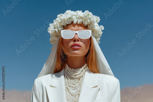 Fashion model wearing white veil, flower crown, and sunglasses in desert landscape