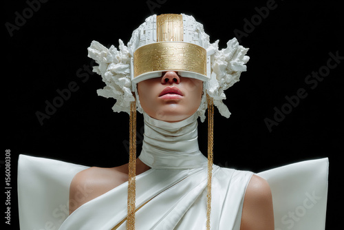 Fashion model wearing futuristic virtual reality headset and white dress