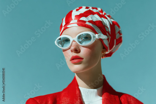 Fashion model posing with red and white headscarf and sunglasses