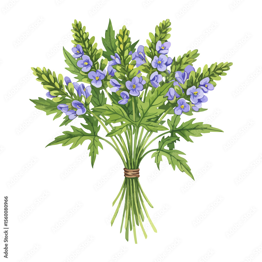Obraz premium Watercolor Flower Bouquet with Purple Blooms and Green Leaves on transparent background