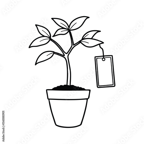 Potted lemon sapling growing with nursery tag label Vector illustration