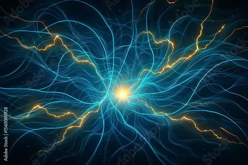 Abstract Electric Energy Flow with Blue and Yellow Light Trails Creating Dynamic Patterns in Dark Background