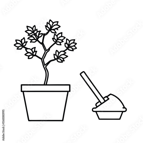 Mini bonsai tree placed beside small leaf trimmer Vector illustration
