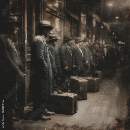 Sepia-Toned Immigrant Line in Historic Transit Station