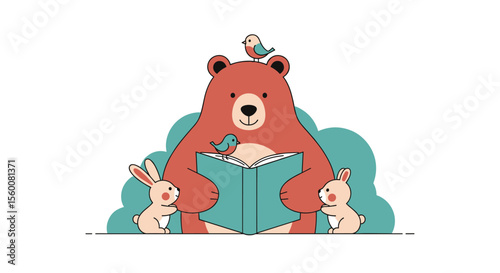 An Illustrated Bear Reading a Book with Birds and Rabbits in a Forest Setting