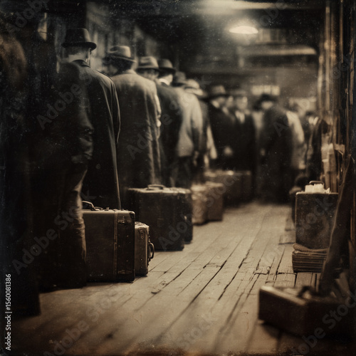 Sepia-Toned Immigrant Line in Historic Transit Station