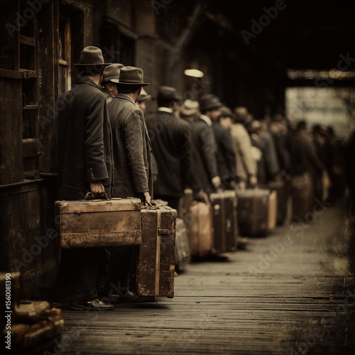 Sepia-Toned Immigrant Line in Historic Transit Station