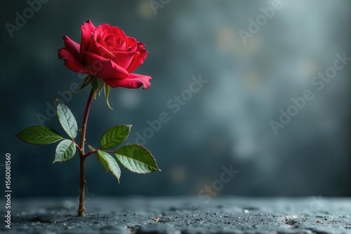 Fototapeta Naklejka Na Ścianę i Meble -  A lone scarlet rose against a rough gray backdrop, blossom, shadow