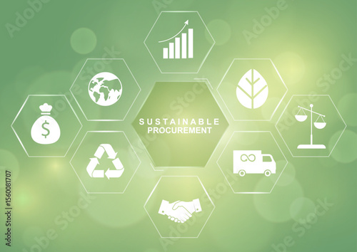 Sustainable procurement hexagon infographic with icons on green background. ESG business strategy perfect for corporate sustainability presentations and supply chain management. Vector illustration