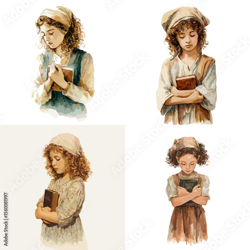 Vintage girl character holding or reading a book, expressing innocence, calmness, and timeless charm, ideal for storybook or nostalgic themes.

