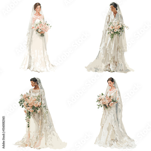 Elegant bride in flowing white gown holding floral bouquet, perfect for wedding, romance, and bridal fashion visuals.

