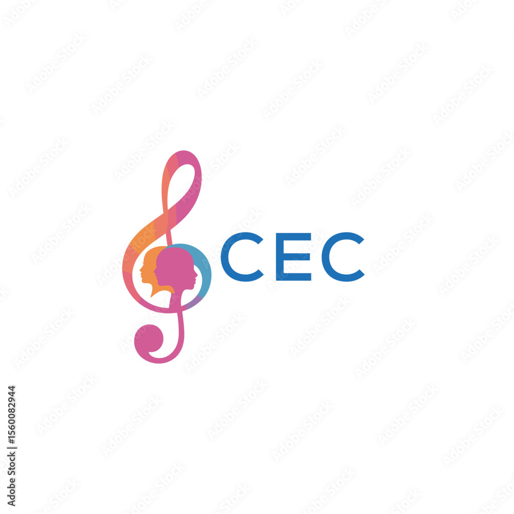 Naklejka premium CEC “Abstract music school logo with people and melody icon” CEC Later Logo, “Modern music therapy logo with faces and note symbol” 