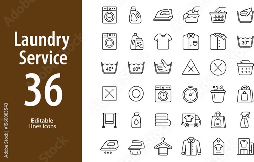 Laundry Service Line Icons, Washing Machine, Iron, Detergent, Dry Cleaning, Clothes Hanger, Basket, and More , Editable Formats: AI, EPS, JPG, PNG , Ideal for Both Digital and Print Use

