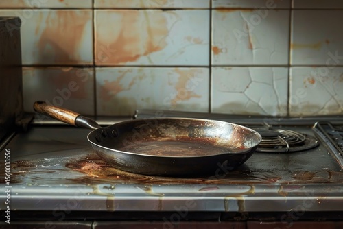 Greasy, dirty frying pan with wooden handle sits on a filthy stove top in front of cracked and stained tiles