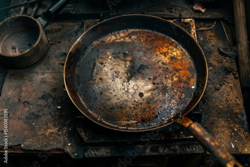 Greasy, burnt frying pan resting on a filthy stove top in a neglected rustic kitchen, emphasizing poor hygiene