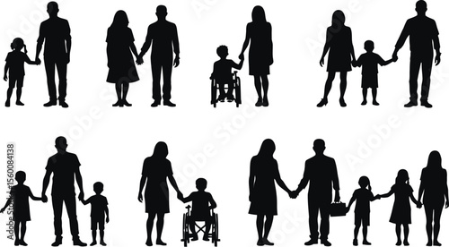 Diverse Family Silhouettes Parents and Children Holding Hands Including a Child in a Wheelchair