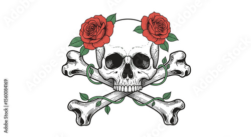 Skull and Crossbones Adorned With Roses Depicting Mortality Beauty and The Fleeting Moment