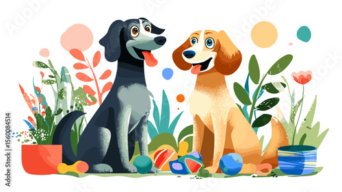 Two happy dogs sitting among plants and toys, colorful vector illustration
