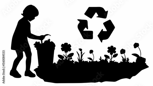 Silhouette of a child with a bucket of flowers next to a flowerbed and a recycling symbol above it