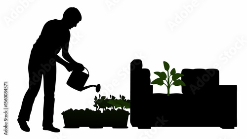 Silhouette of a person watering plants in a container with a couch and plant in the background outdoors