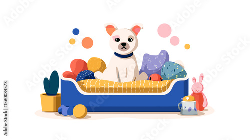 Small dog sitting on pet bed surrounded by toys, colorful vector illustration
