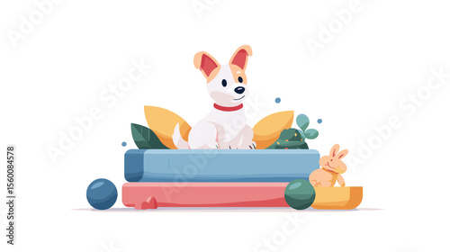 Small dog sitting on pet bed with toys, colorful vector illustration
