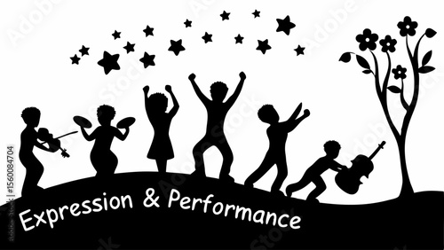 Silhouette of children performing music with stars overhead and a tree with flowers on a black hill top
