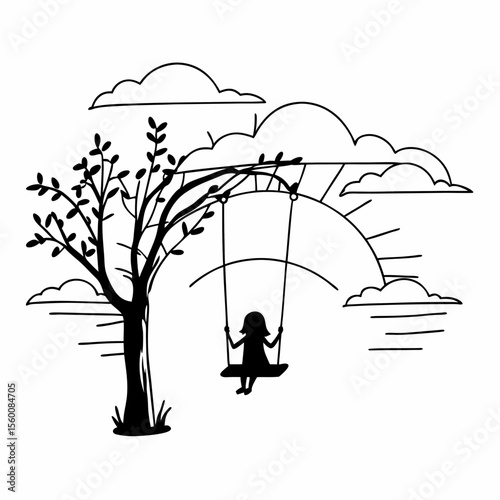 Child on tree swing silhouette black and white line art drawing peaceful nature scene with clouds simple illustration design