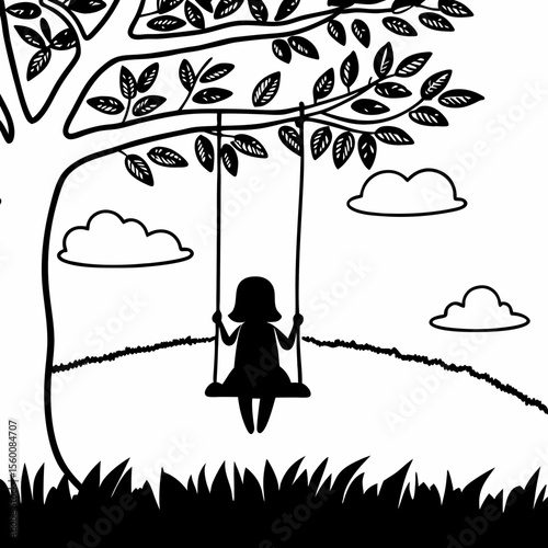 Child silhouette on tree swing under branches black and white illustration peaceful nature scene kids playing outdoors vector