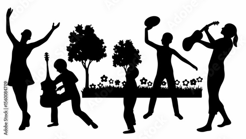 Silhouette of people playing music and dancing in a park with trees and flowers in black and white