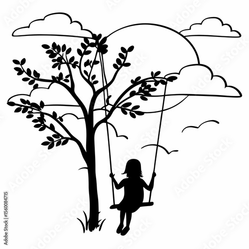 Child silhouette swinging on tree swing outdoors black and white illustration vector drawing childhood playground nature