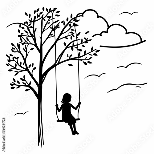 Child silhouette swinging on tree swing outdoor nature scene black and white line art illustration vector drawing simple design