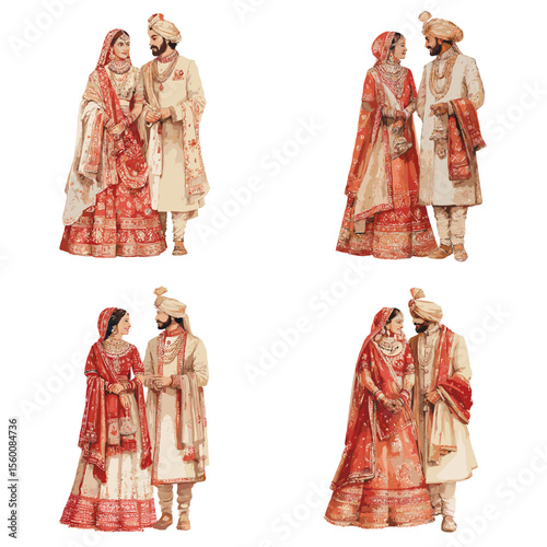 Traditional Indian wedding couple dressed in red and cream ceremonial outfits with ornate details, ideal for bridal, cultural, and celebration themes.

