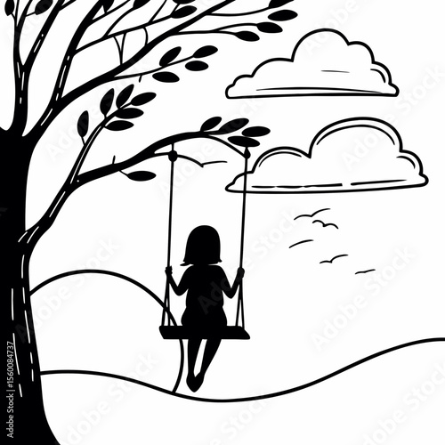 Little girl sitting alone under tree in peaceful countryside landscape black and white illustration vector art silhouette drawing