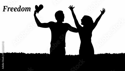Silhouette of couple with arms raised and man holding heart shape against a white background outdoors