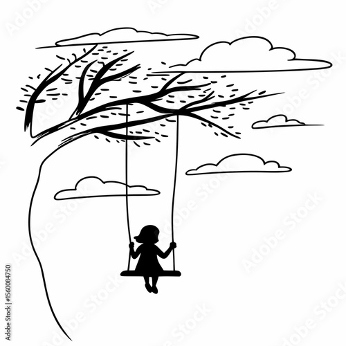 Child silhouette on tree swing vector illustration black and white minimalist design nature outdoor play childhood memories