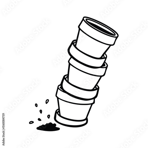 Stack of garden pots with soil spilling from top pot Vector illustration