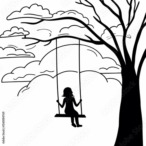 Child silhouette on tree swing under large tree with clouds simple black and white line art illustration for coloring book