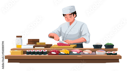 Sushi chef preparing fresh Japanese food at counter with various sushi, colorful vector illustration
