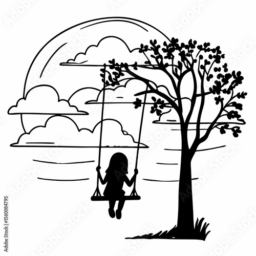 Child silhouette sitting under tree watching sunset landscape black and white line art illustration vector drawing nature scene