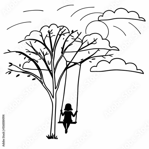 Simple line drawing of child on tree swing in park with clouds black and white coloring page illustration for kids activities