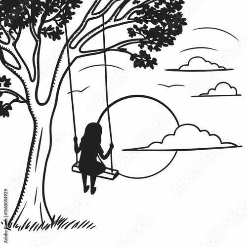 Child on tree swing silhouette black and white illustration peaceful outdoor scene nature landscape with clouds and grass