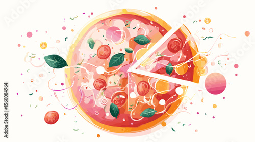 Top view of whole pizza with one slice being pulled, colorful vector illustration
