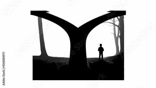A silhouetted figure stands at a crossroads beneath a large tree with diverging branches, facing choices