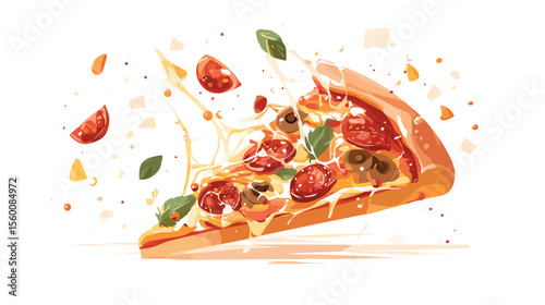Flying slice of pepperoni pizza with cheese and toppings, colorful vector illustration
