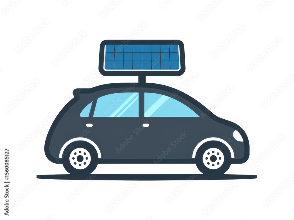 Naklejka premium a simple flat 2d icon of a 'solar powered car', with a simple car silhouette that has a solar panel for a roof, minimalist design, solid blue and dark gray colors, clean sharp lines, no shadows