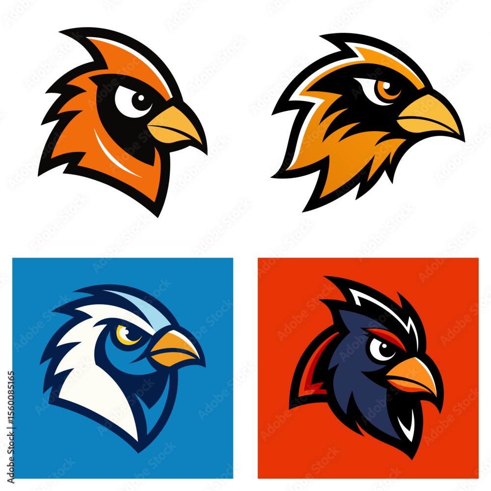 Obraz premium Four bird head illustrations in different color schemes and backgrounds in a square format layout
