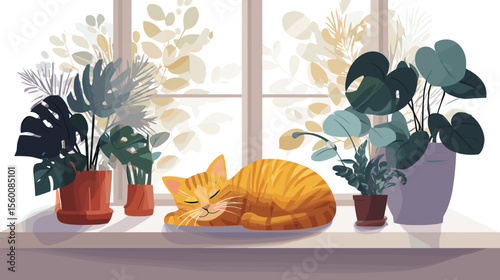 Ginger cat napping on windowsill surrounded by potted plants, colorful vector illustration
